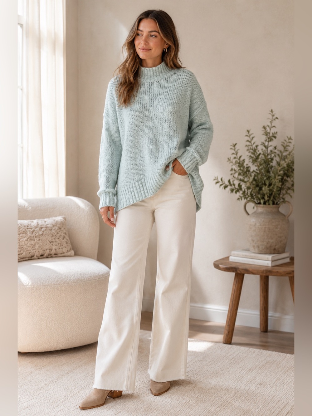 Anthropologie Seafoam Chenille Mock Neck Oversized Sweater Medium